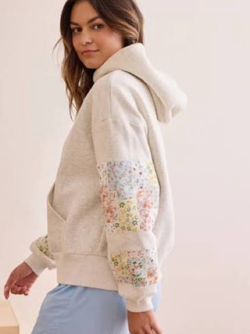 Altar'd State Cream Hoodie Sweater with Pastel Floral Patchwork - Picture 3 of 4